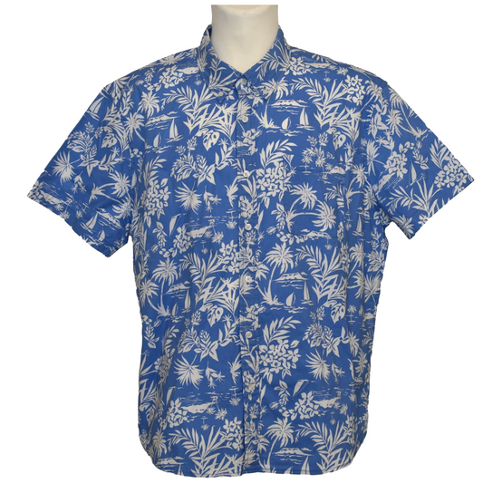 Blá Hawaii skyrta með pálmatrjám og laufamynstri