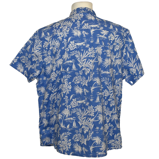 Blá Hawaii skyrta með pálmatrjám og laufamynstri