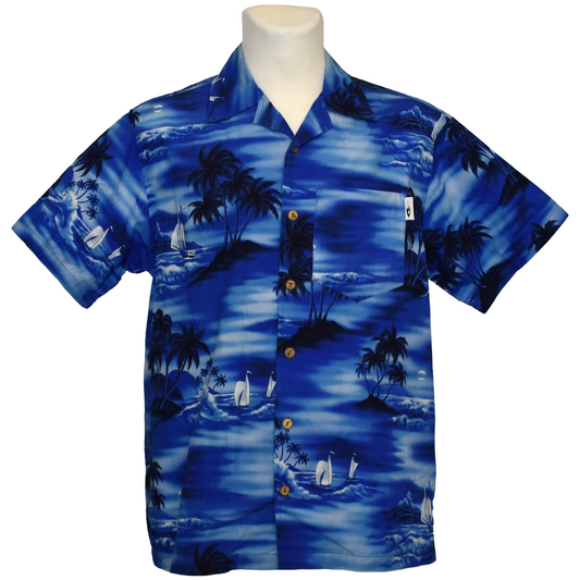 Blá Hawaii skyrta með pálmatrjám og seglbátum