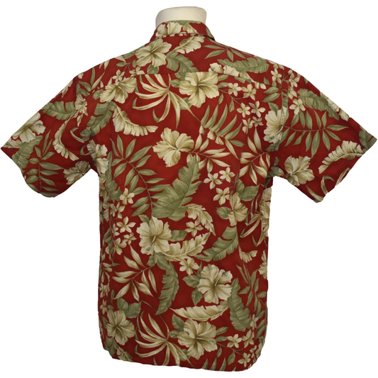 Rauð Hawaii skyrta með blómum og laufamynstri