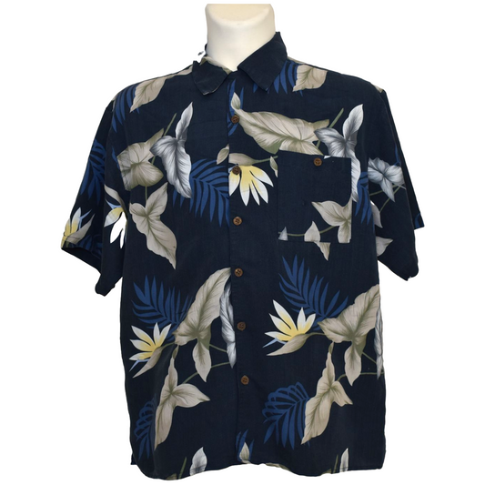 Dökkblá Hawaii skyrta með blóma og laufamynstri