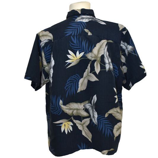 Dökkblá Hawaii skyrta með blóma og laufamynstri